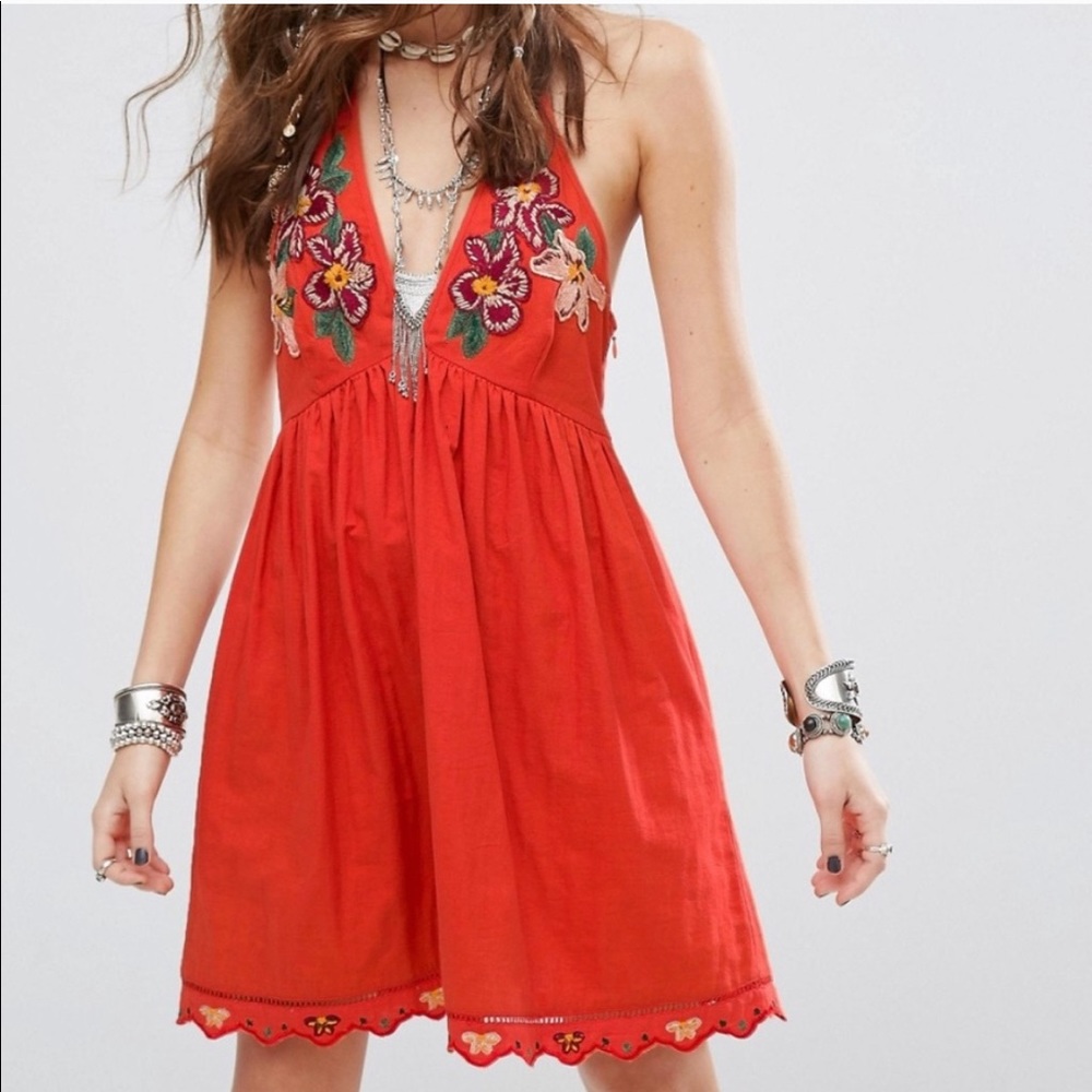 Boho Red Embroidered Halter Dress